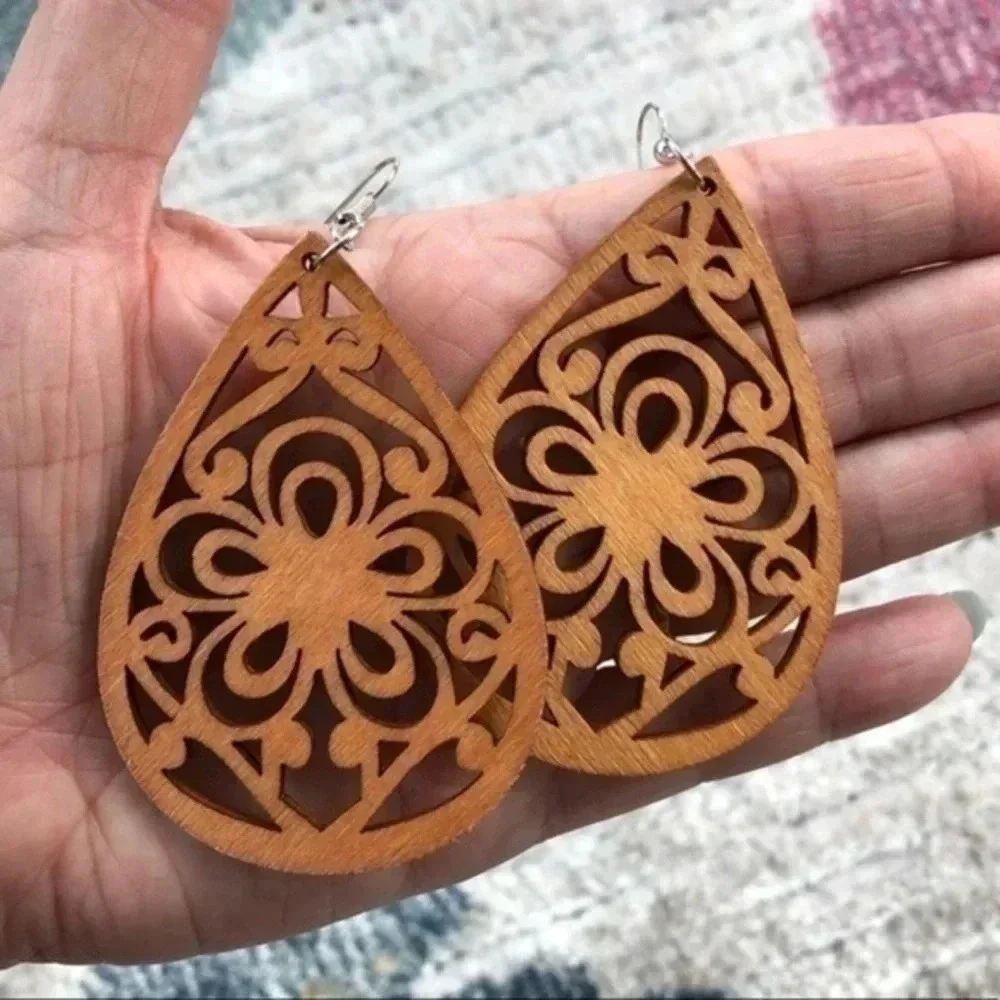 Laser Cut Flower in Teardrop Wood Wooden Drop Earrings